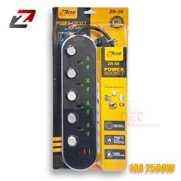 صورة مشترك كهرباء 4 عين مع USB وType-C ZR-50، مزود بمفاتيح فردية لكل مخرج لشحن آمن وفعال للأجهزة الإلكترونية.Image of ZR-50 4-Socket Power Strip with USB & Type-C, featuring individual switches for safe and efficient device charging.