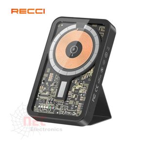 باور بانك وايرليس RECCI MARS 5000mAh 15W مع استاند – شاحن متنقل سريع وعصري RECCI MARS Wireless Power Bank 5000mAh 15W with Stand – Fast and Stylish Portable Charger