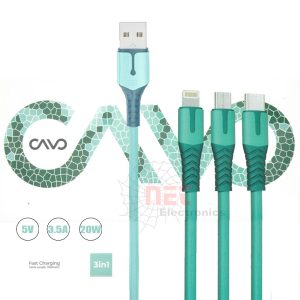 وصلة شاحن 3×1 كافو CAVO للشحن السريع بثلاثة منافذ Lightning وType-C وMicro USBCAVO 3-in-1 Fast Charging Cable with Lightning, Type-C, and Micro USB connectors