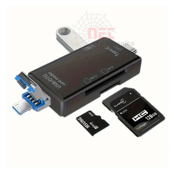 ريدر 6×1 متعدد الاستخدامات لقراءة كروت الذاكرة USB – ريدر كروت عالي السرعة ومتعدد المنافذ6-in-1 Card Reader ATUD-05 – Multi-Card USB Memory Reader with SD, TF, and MicroSD Compatibility