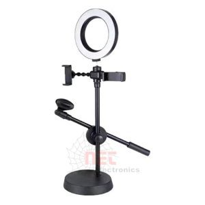 ستاند معدني مع حامل موبايل ورينج لايت وحامل مايك Y209 لتصوير احترافي وبث مباشرMetal Stand with Mobile Holder, Ring Light, and Mic Holder Y209 for professional recording and live streaming