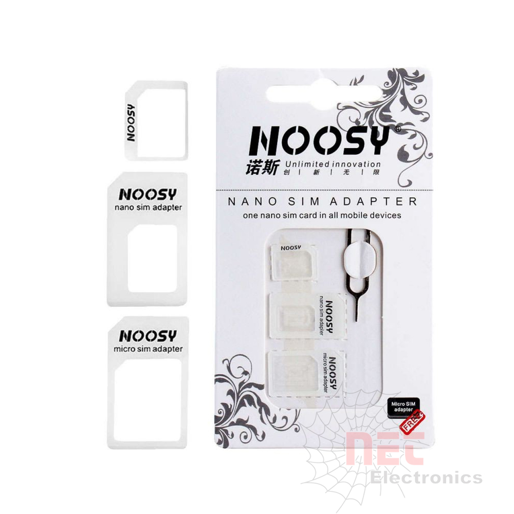 طقم مكملات شرايح بلاستيك NOOSY لتحويل أحجام SIM لجميع الهواتف مع أداة إخراج الشريحة NOOSY SIM Adapter Kit with plastic converters and eject tool for all mobile devices