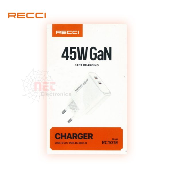 رأس شاحن RECCI 45W PD للشحن السريع بتقنية Power DeliveryRECCI 45W PD Charger Fast Charging Power Delivery Adapter