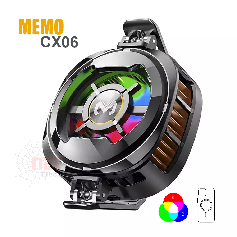 مبرد موبايل USB ماج سيف RGB MEMO CX06 لتبريد الهاتف أثناء الألعاب – مروحة تبريد مغناطيسية بإضاءة RGBUSB MagSafe RGB Mobile Cooler MEMO CX06 – Magnetic Phone Cooling Fan with RGB Lighting for Gaming